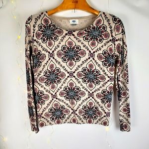 Old Navy Tan Floral Geometric Knit Sweater